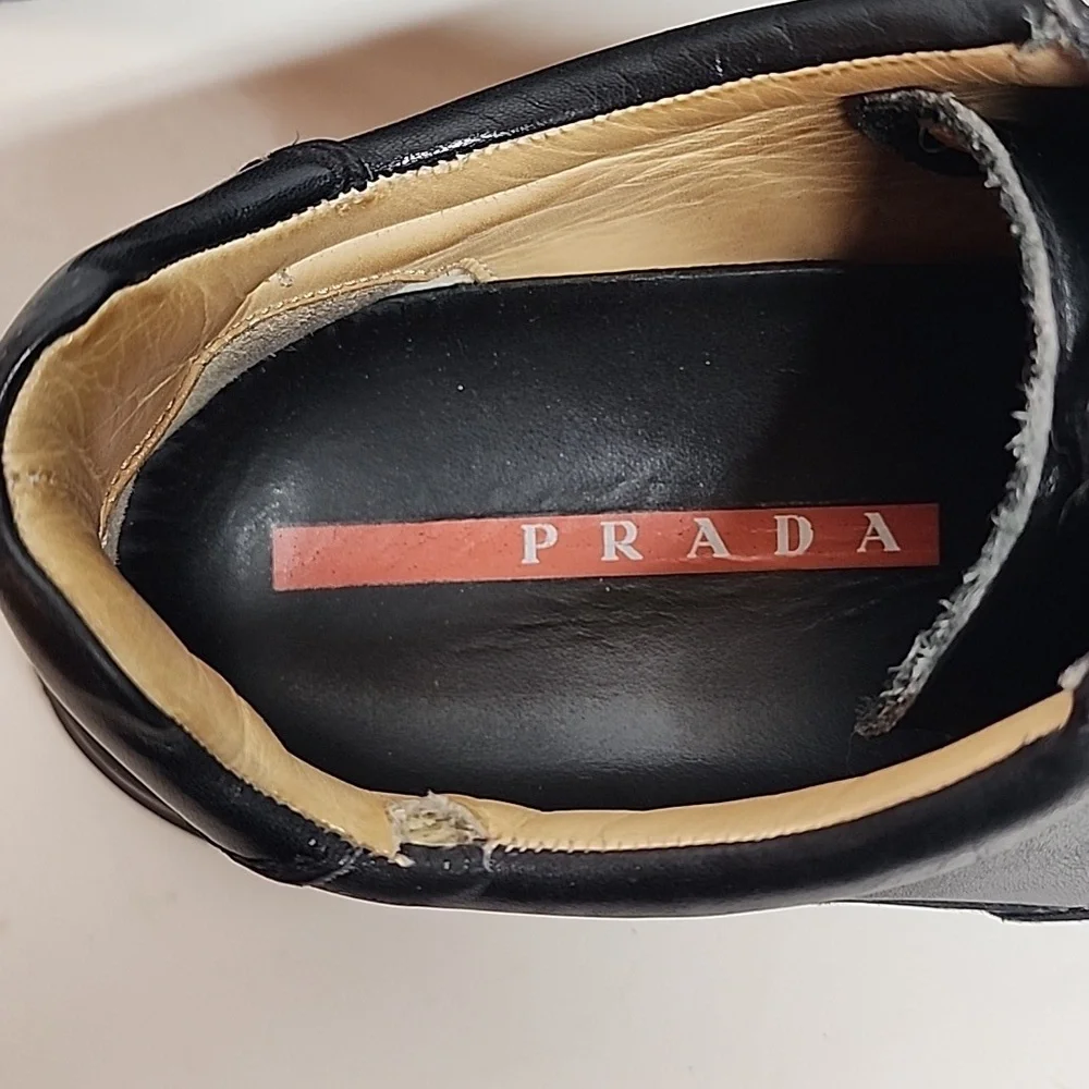 Prada black square toe lace up mens leather sneakers.  Made in Italy.  Quality. - Picture 12 of 12